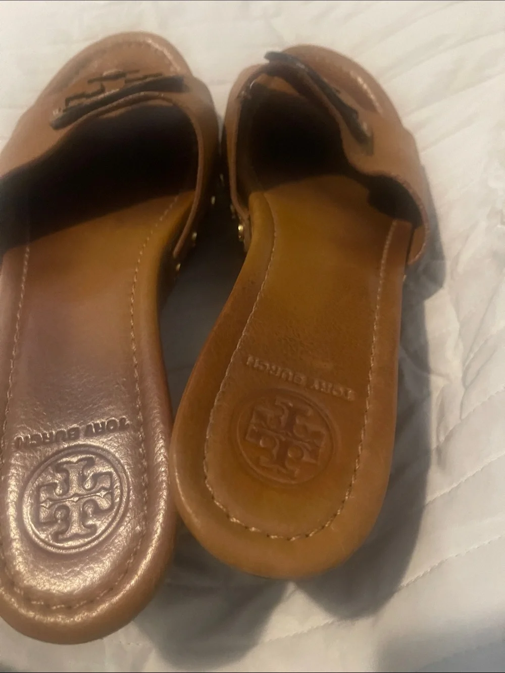 Tory Burch Cognac Leather Logo Slide Mules